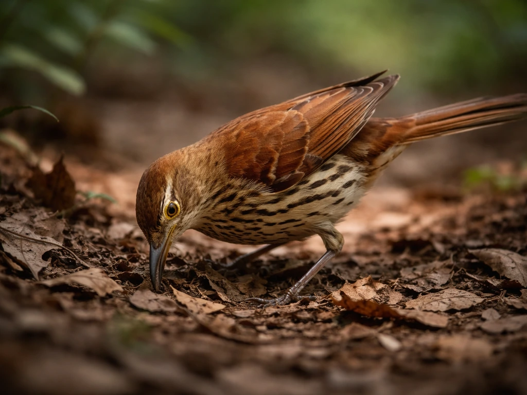 A thrasher bird foraging on the forest floor among leaf litter with softly blurred underbrush behind it.