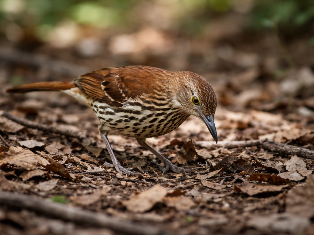 A brown thrasher foraging on leaf litter in a dry woodland with soft natural light.