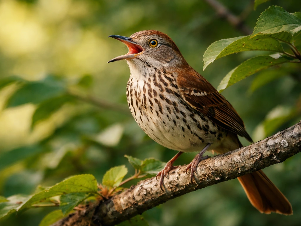 An American thrasher perched on a leafy branch, beak open mid-call in natural light.