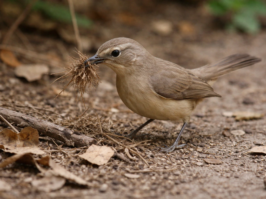 Small brown thrasher-like bird foraging in leaf litter near a ground nest area