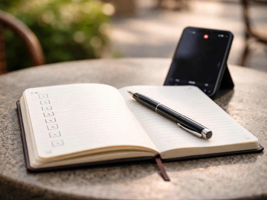 Open notebook with checklist, pen nearby, and a phone recording nature notes on a table.