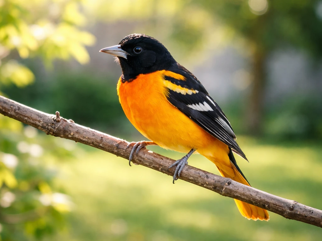 Bright oriole perched on a branch in warm sunlight with a calm, hopeful garden background.