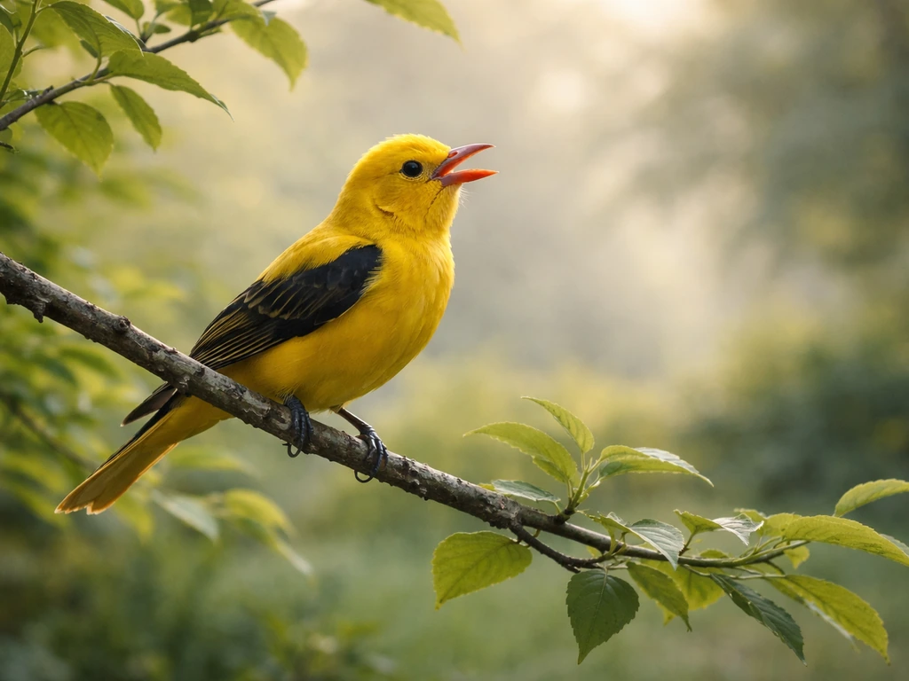 Golden oriole perched on a tree branch at dawn, singing in soft morning light