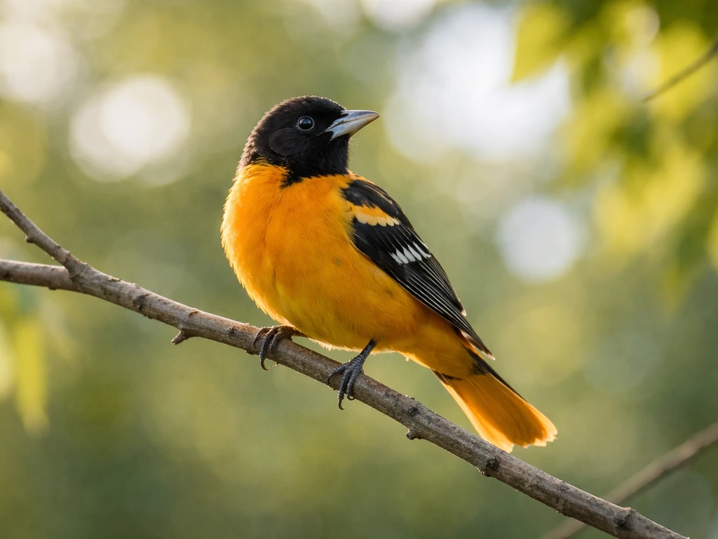 An oriole perched calmly on a bare branch in soft morning light, looking around as if lingering.