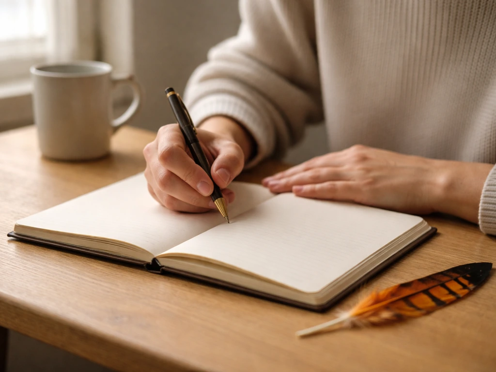 Person writing in a blank notebook on a wooden desk with an oriole feather nearby.