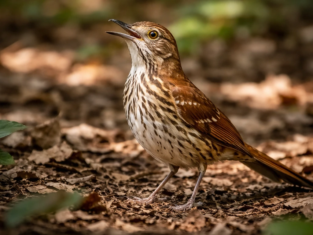 Brown thrasher perched in leaf litter with head up as if singing, warm light and blurred forest floor background.