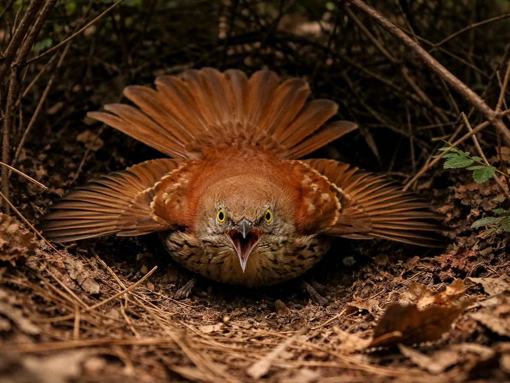 Brown thrasher fiercely defending near a nest in dense leaf litter and pine needles.