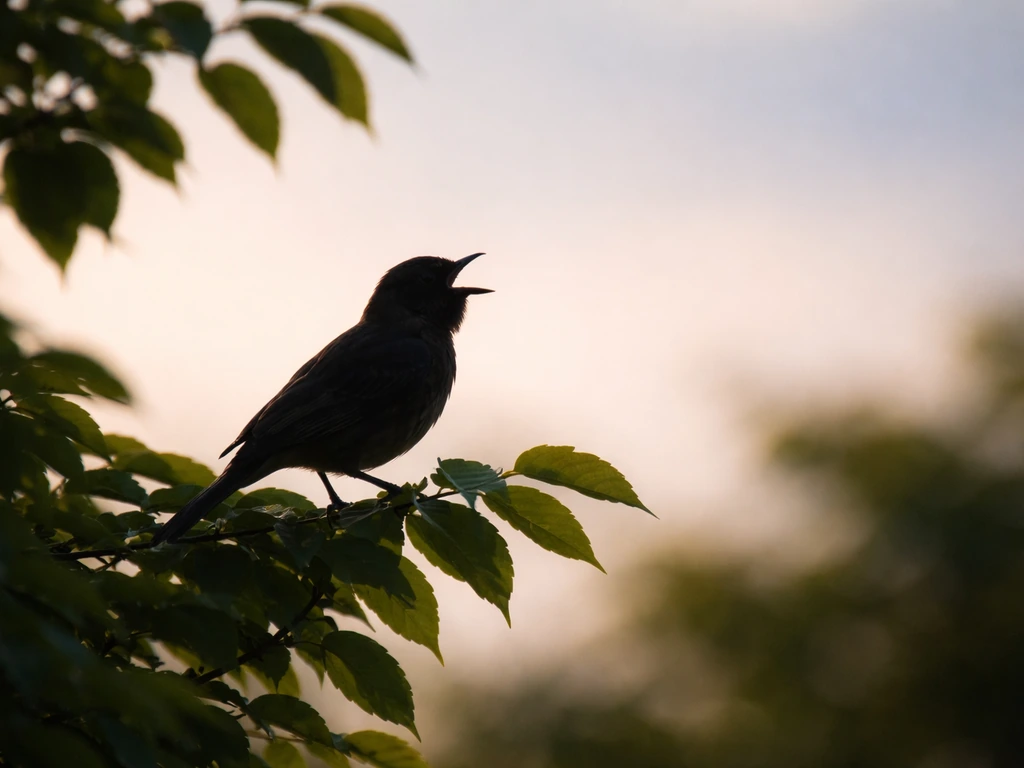 An anonymous singing bird on a treetop branch with an open beak, leaves and sky softly blurred behind.