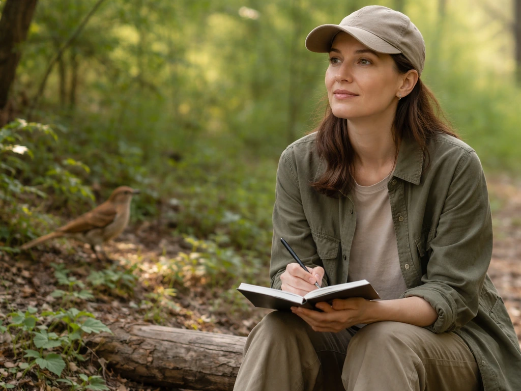 Person journaling outdoors while a brown thrasher perches in soft-focus background trees.