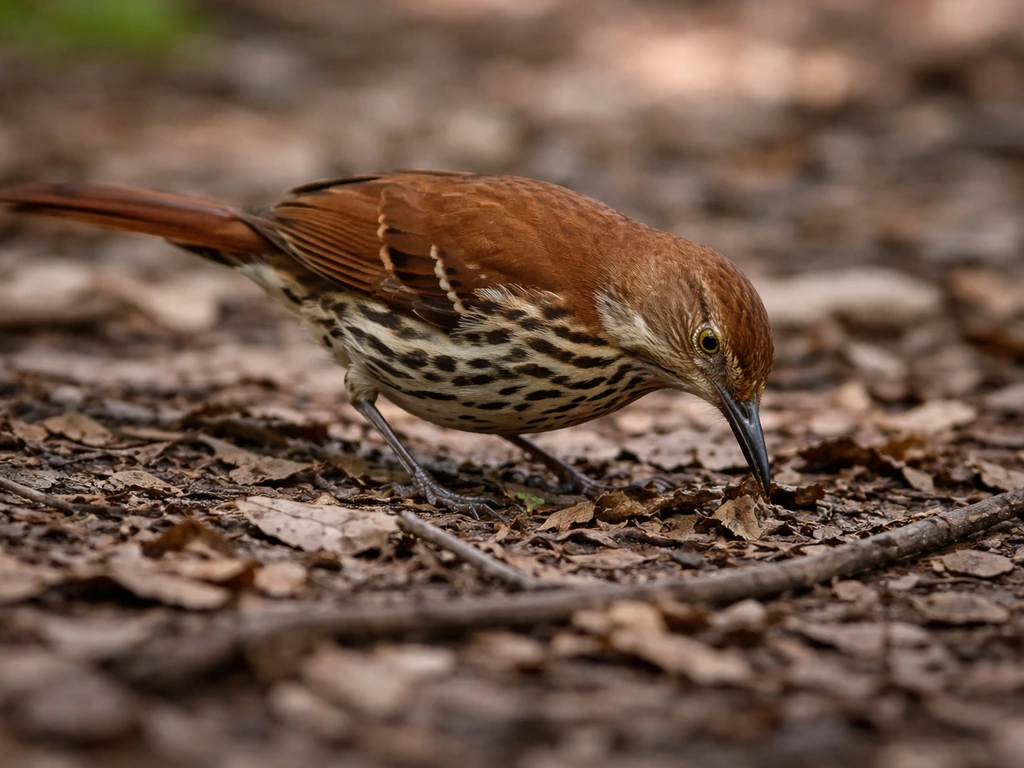 Brown thrasher foraging in leaf litter on the ground, bill probing debris in soft natural light.