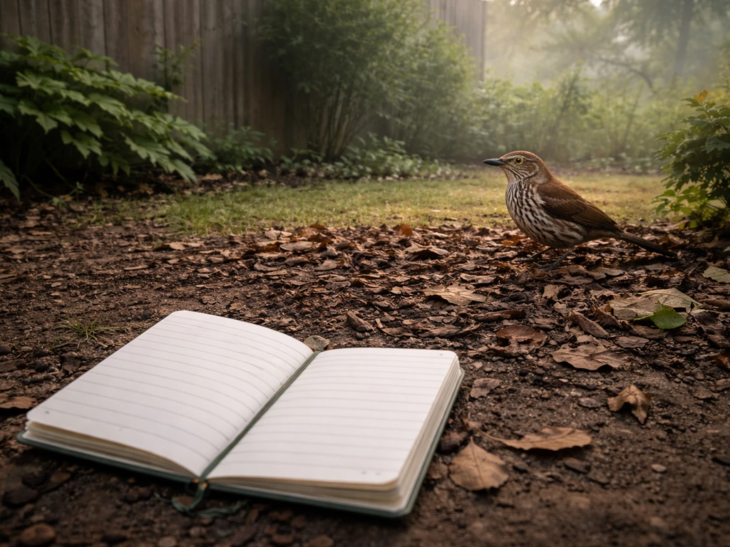 Early-dawn brown thrasher at the same garden spot beside an open blank field journal page.