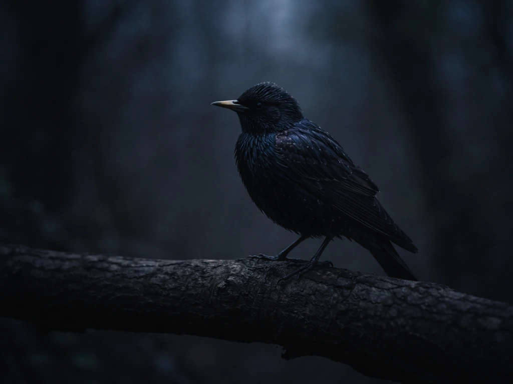A dramatic black starling perched on a dark branch in moody low light