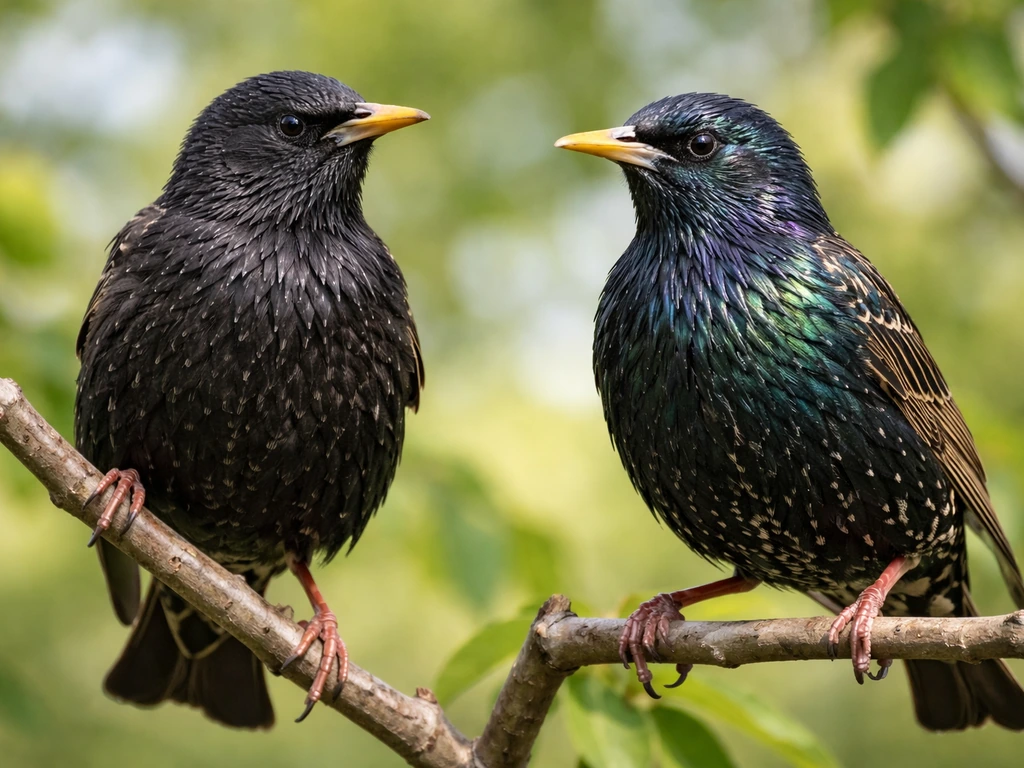 Two starlings perched side by side—one dark charcoal-black, one blue-black with cooler sheen.