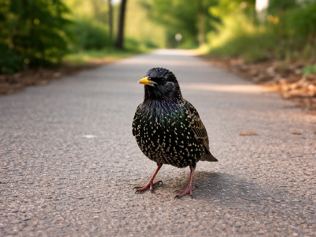 A single starling stands on a walking path, mid-encounter, with a softly blurred daily-walk background.