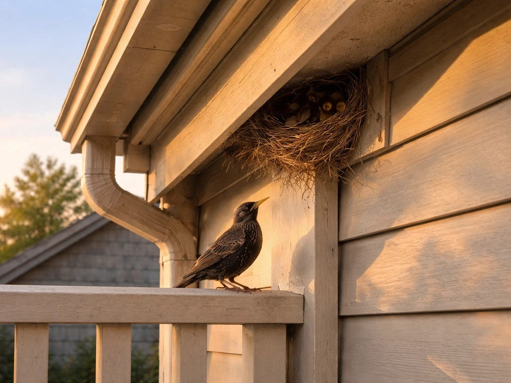 A starling perched by its nest under a home’s eaves near a window ledge.