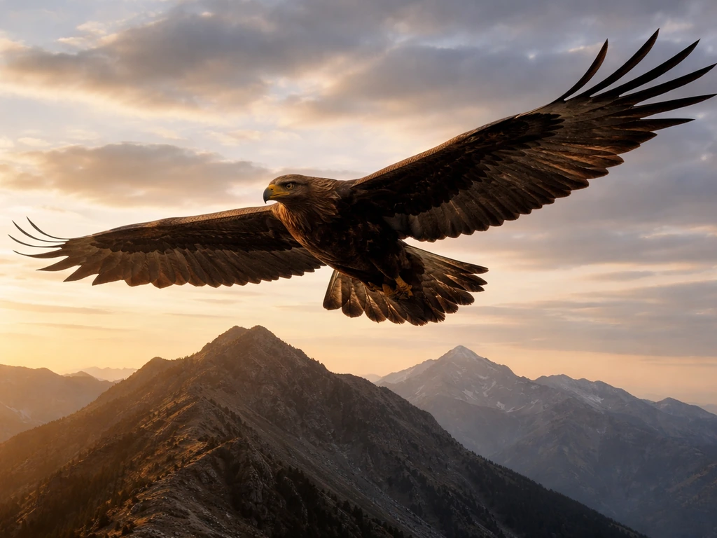 Golden eagle gliding over mountain peaks at sunrise in a wide open sky.