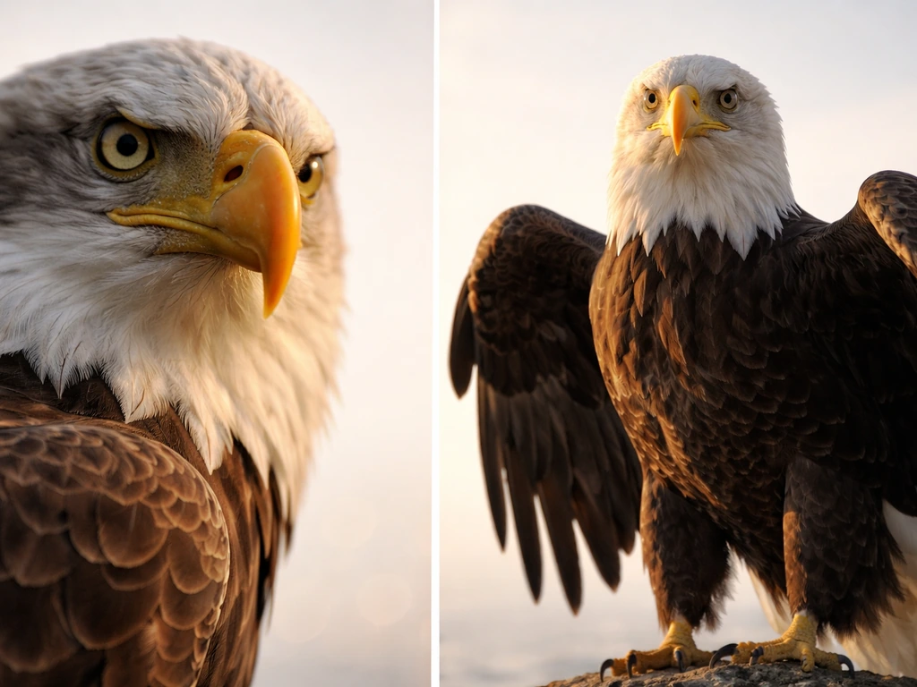 Close-up eagle with sharp eyes and outstretched wings in a protective, elevated stance against a soft sky.