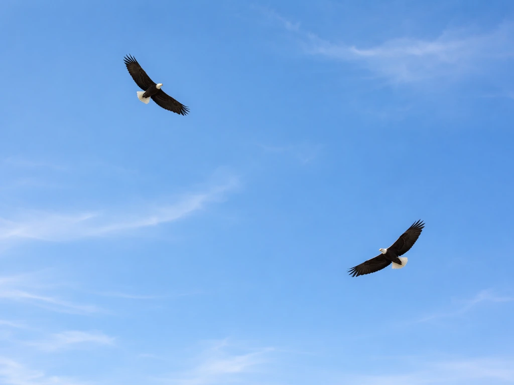 Two eagles circling in a clear sky, creating a sense of repeated synchronicity