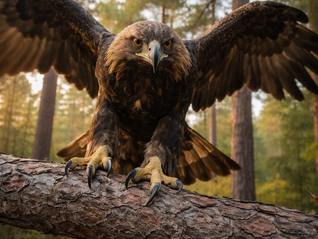 A powerful eagle lands on a nearby branch close to the viewer, calm and protective moment.