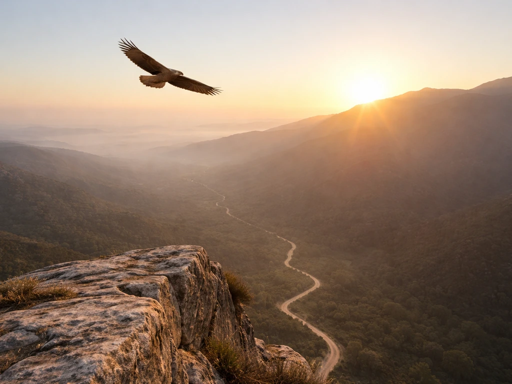 Golden eagle gliding over a cliff overlook with a winding path below at sunrise, symbolizing a bold new direction