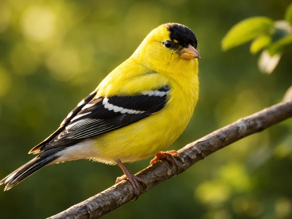 Yellow bird with black wings perched in natural light, sharp feather pattern, calm spiritual mood.
