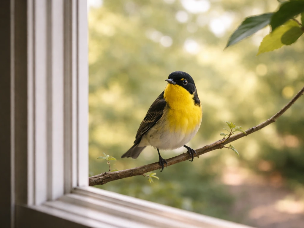 Yellow-and-black bird perched at eye level outside a window, softly lit and sharply focused.