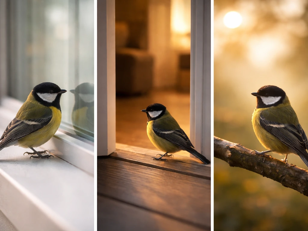 Yellow-and-black bird in three calm settings: window reflection, doorway protection, and dawn light hope