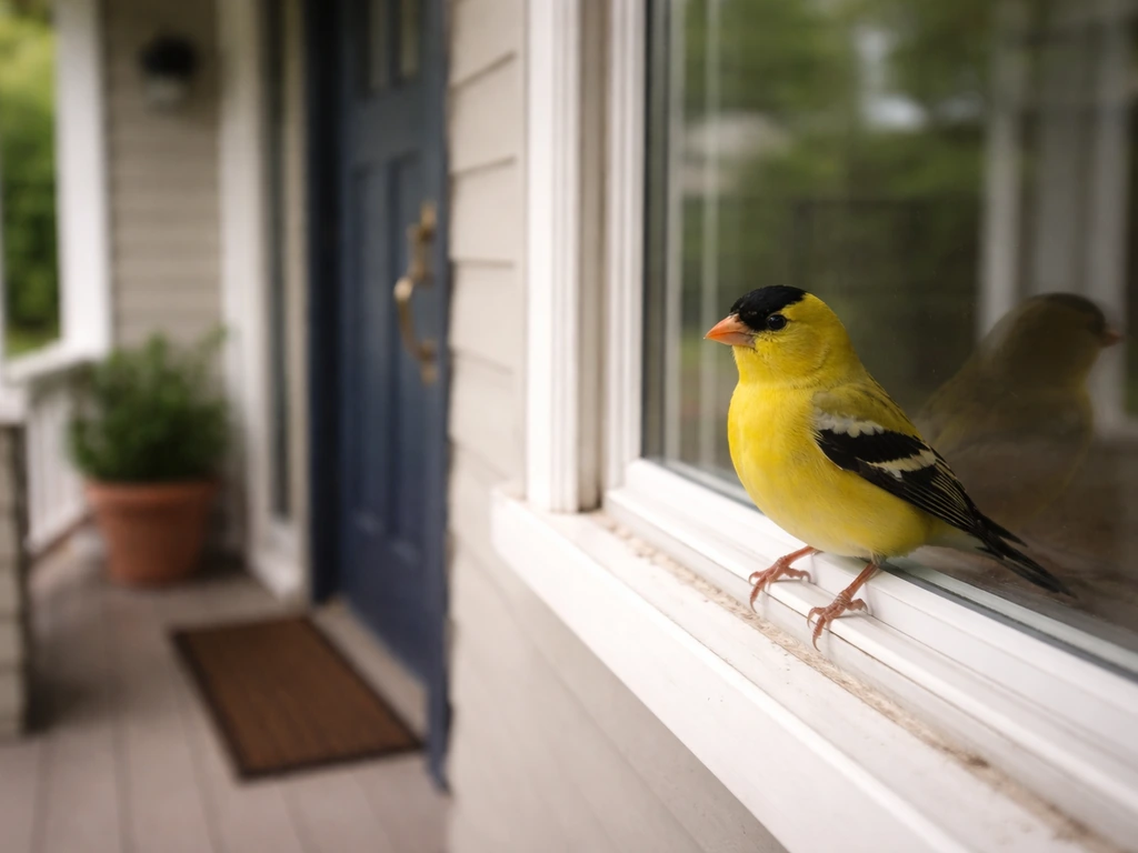 Yellow-and-black bird perched at a home front window, close to the door entrance.