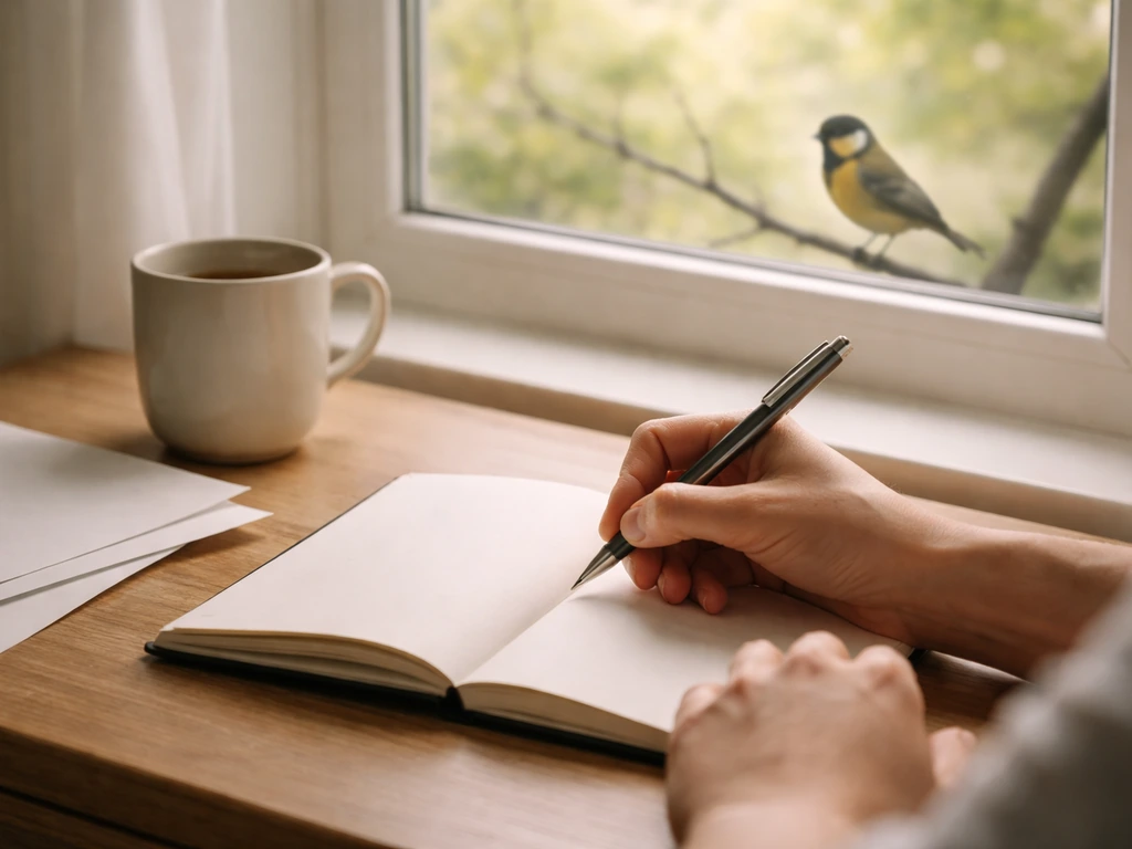 Anonymous hands journaling in a notebook by a window while a yellow-and-black bird perches outside.
