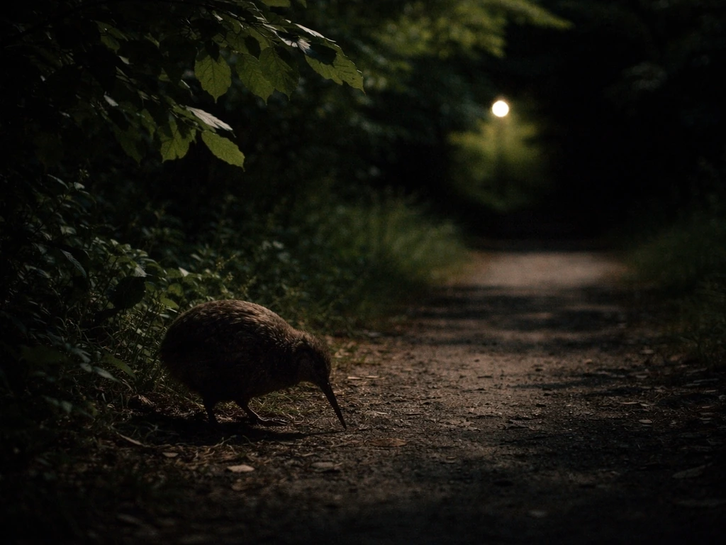 Night garden roadside with faint glow near leaves and a kiwi-like bird in shadow.