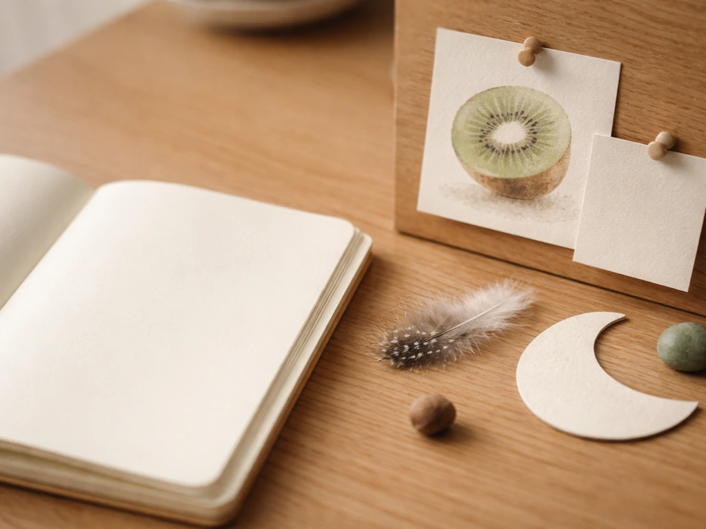 Top-down view of an open journal with pinned cards and subtle kiwi-themed nature cues in soft light.