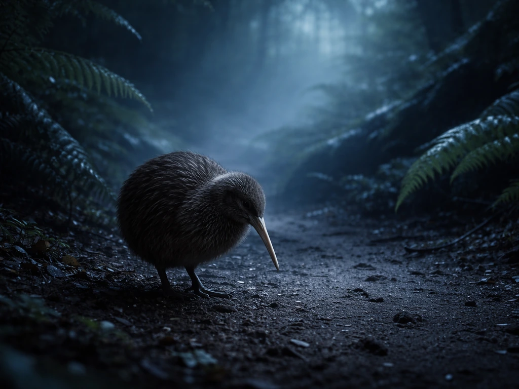 Moonlit kiwi standing on a misty forest floor, with faint blurred footprints in soil behind it.
