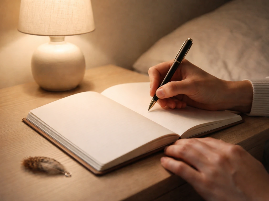 Hands writing in a journal by a lamp on a nightstand with a small kiwi-feather charm nearby.