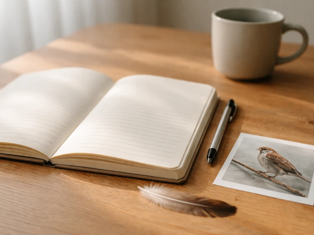 Open notebook with reflection prompts, pen beside a small feather and sparrow photo reference on a clean tabletop.