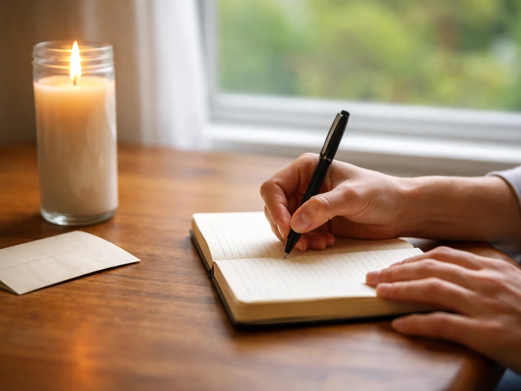 Hands writing in a journal by a lit prayer candle on a wooden table after a bird sighting