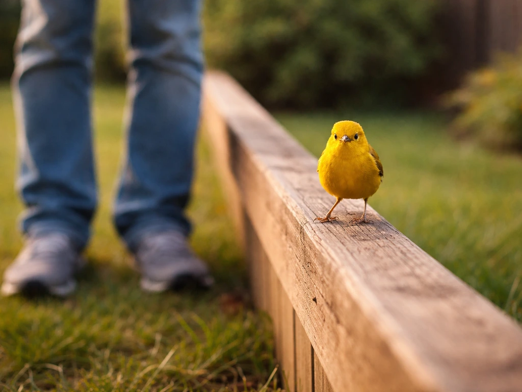 Yellow warbler unusually close to a person, hopping near a backyard fence in natural light.