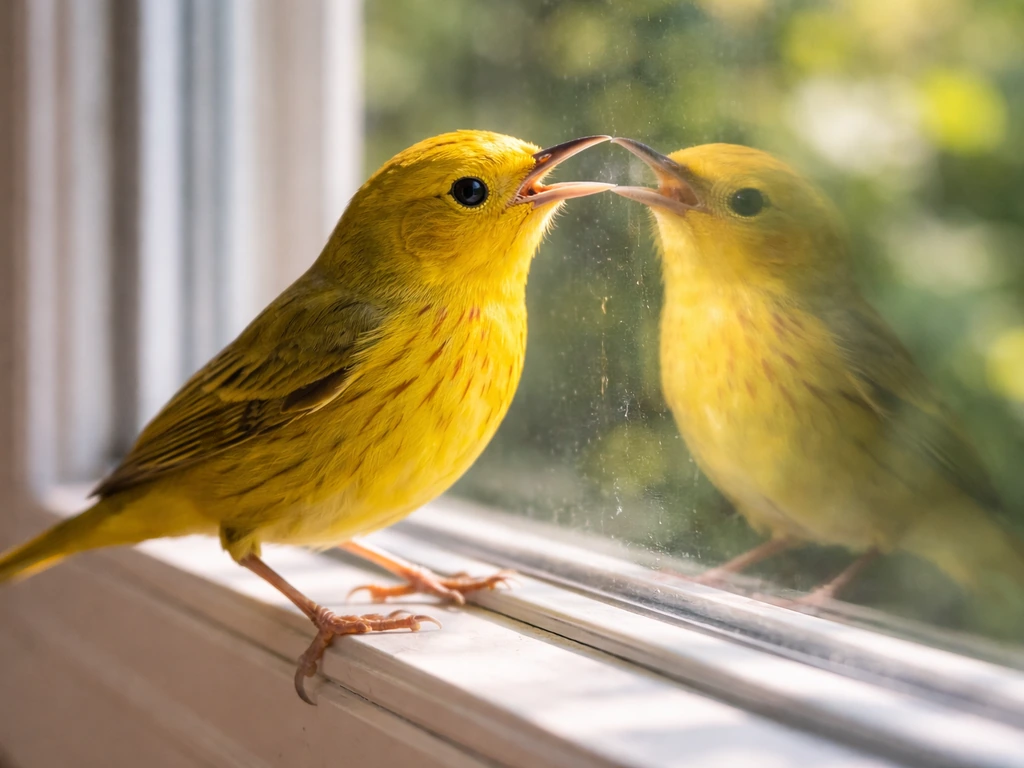 A yellow warbler pecking a window in bright spring light with reflections behind it.