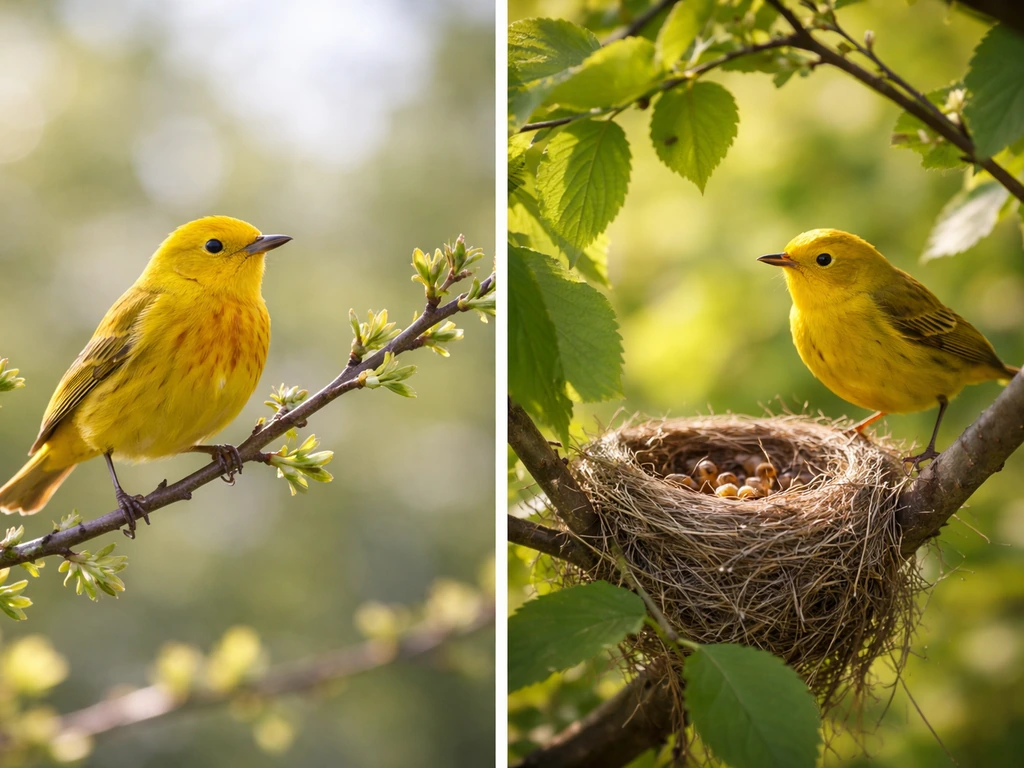 Yellow warbler perched on a spring branch, then a summer nesting scene with the bird near a nest.