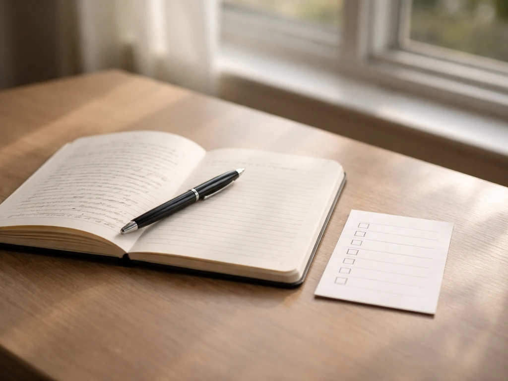 Open journal with pen and a simple checklist card on a table by a window, ready for journaling and rituals.