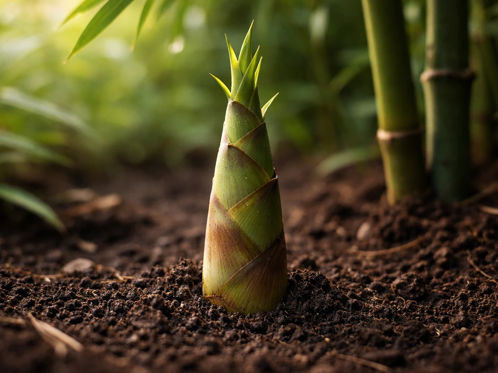Close-up of a bamboo shoot emerging from soil with soft leaf and culm movement in the background