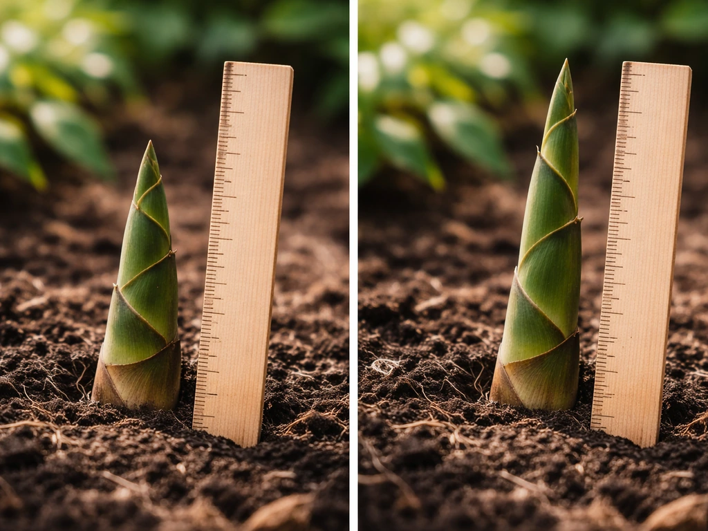 Close-up of bamboo shoots next to a ruler with soft light, suggesting daily growth pace