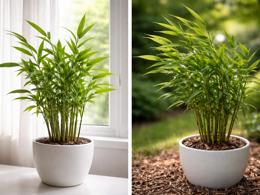 Potted indoor bamboo by a window and outdoor bamboo in wind, showing different growing conditions.