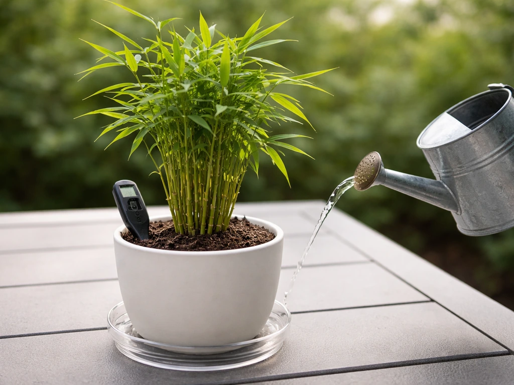 Potted bamboo with soil thermometer and watering can beside it, indicating how to improve growth conditions.