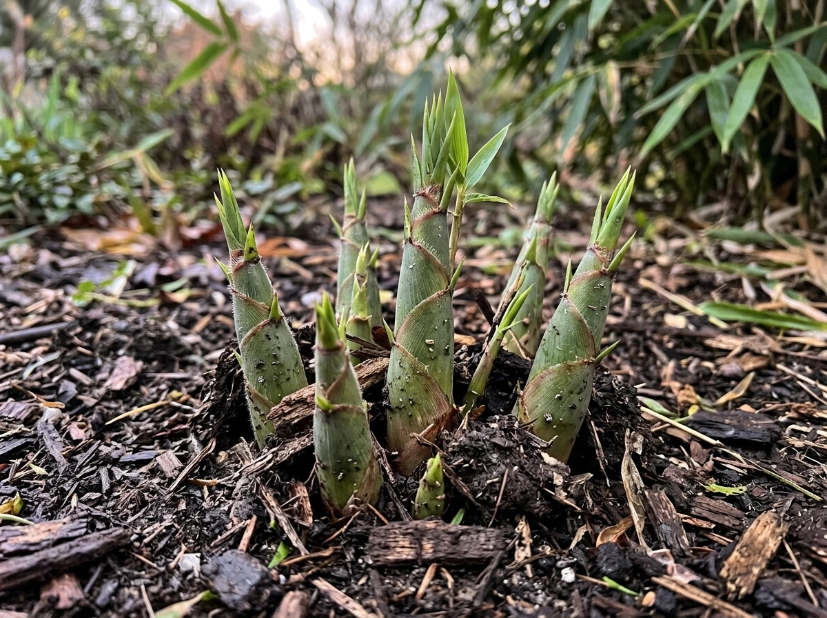 Fresh bamboo shoots emerging from the soil in a Texas planting bed.
