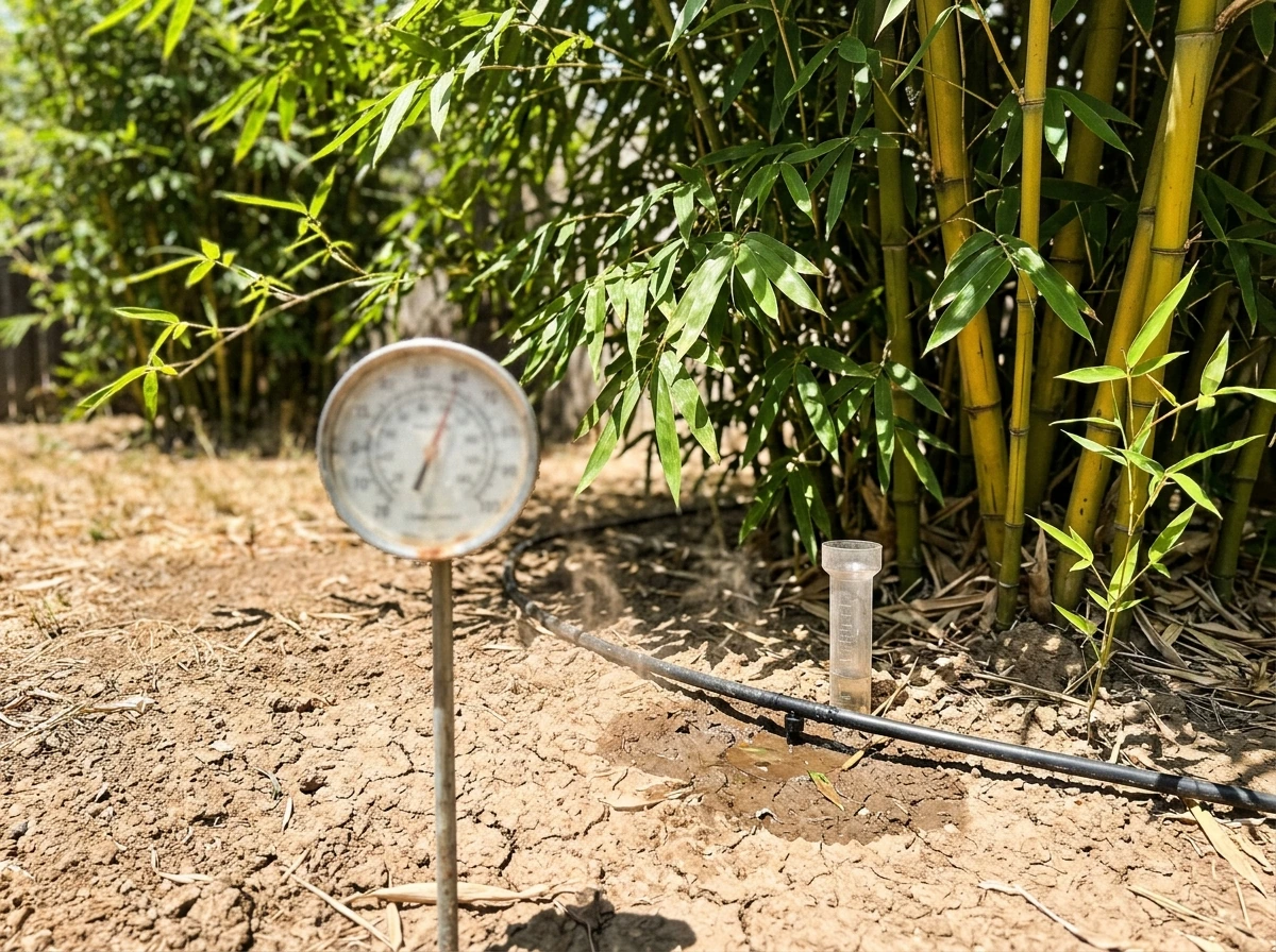 Bamboo in intense Texas sun with irrigation cues showing summer growth conditions.
