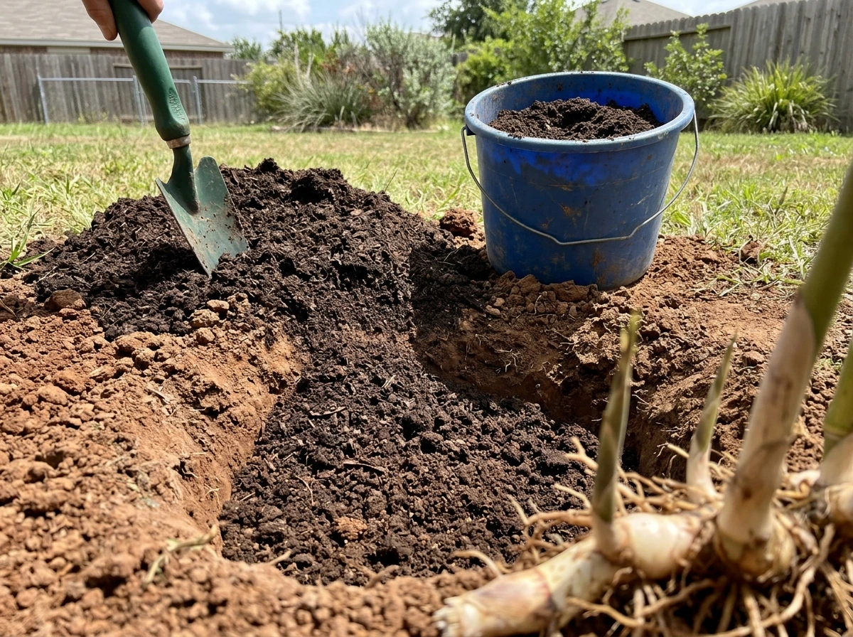 Soil prep for bamboo with compost mixed into well-draining earth in Texas.