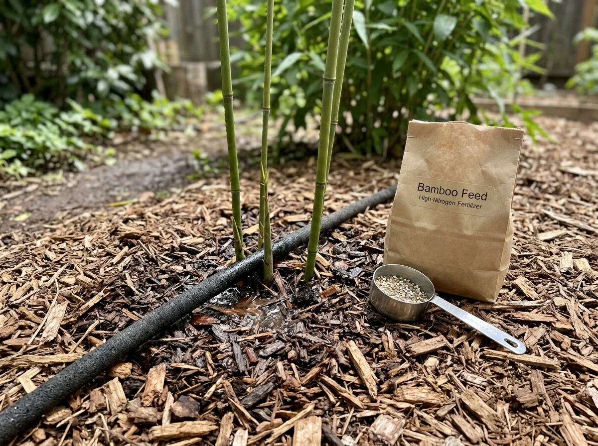 Drip watering and mulch around new bamboo shoots during establishment care.