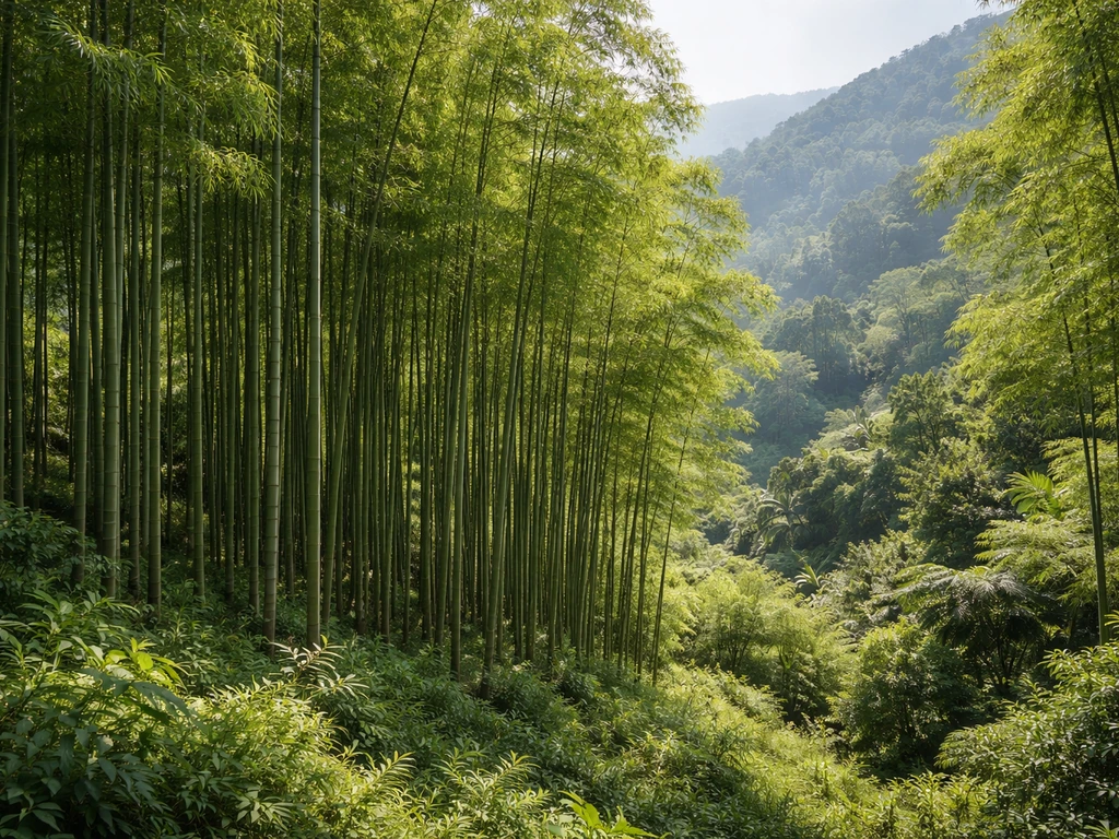 Sunlit bamboo grove in southern Japan with lush green vegetation and dense bamboo stands.
