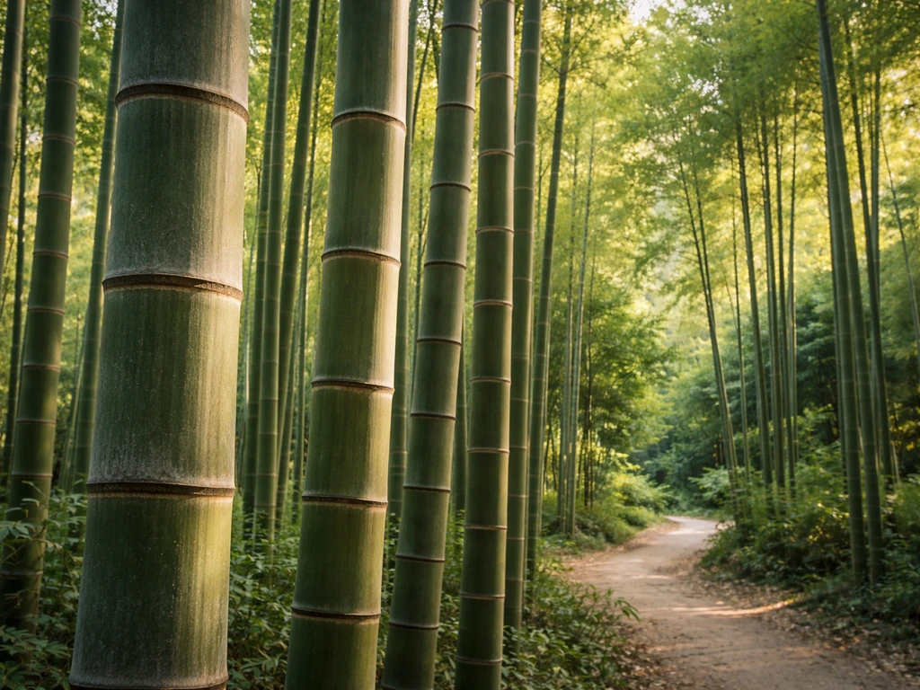 Tall moso bamboo culms in a quiet Japanese garden with soft morning light filtering through.