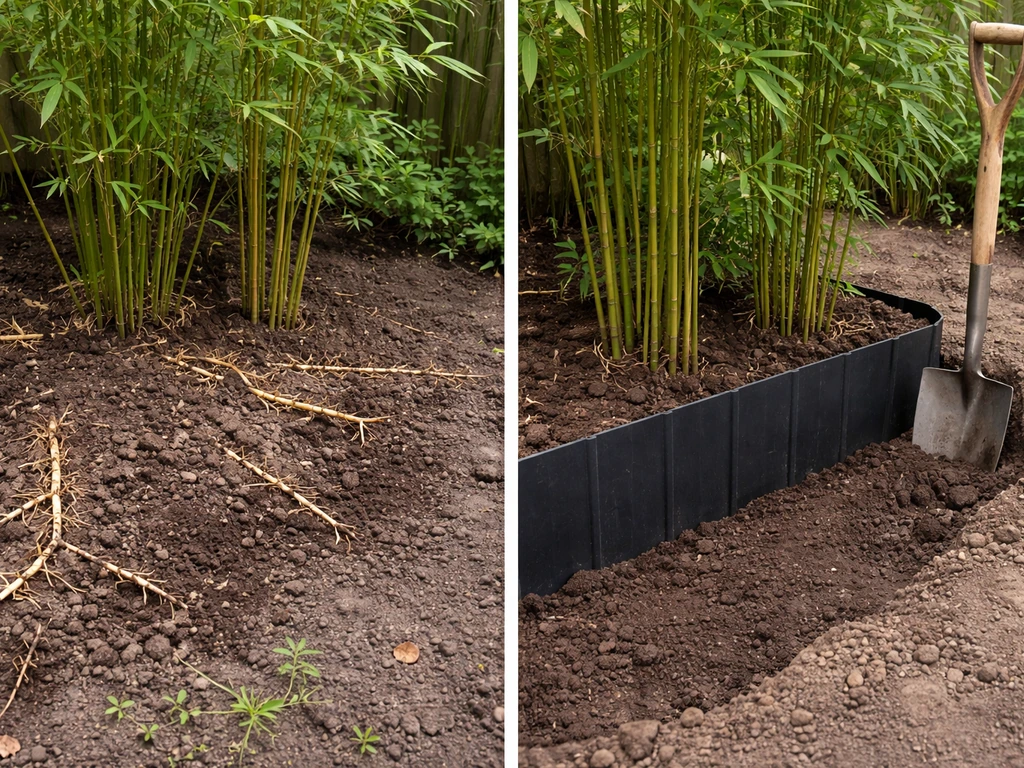 Garden bed showing running bamboo rhizomes spreading outward versus a nearby barrier-controlled patch